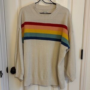 American Eagle Outfitters Cream Crewneck Sweater with Rainbow Stripes